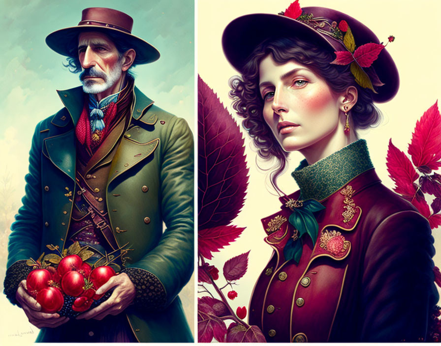 Victorian-style botanical-themed man and woman illustrations.