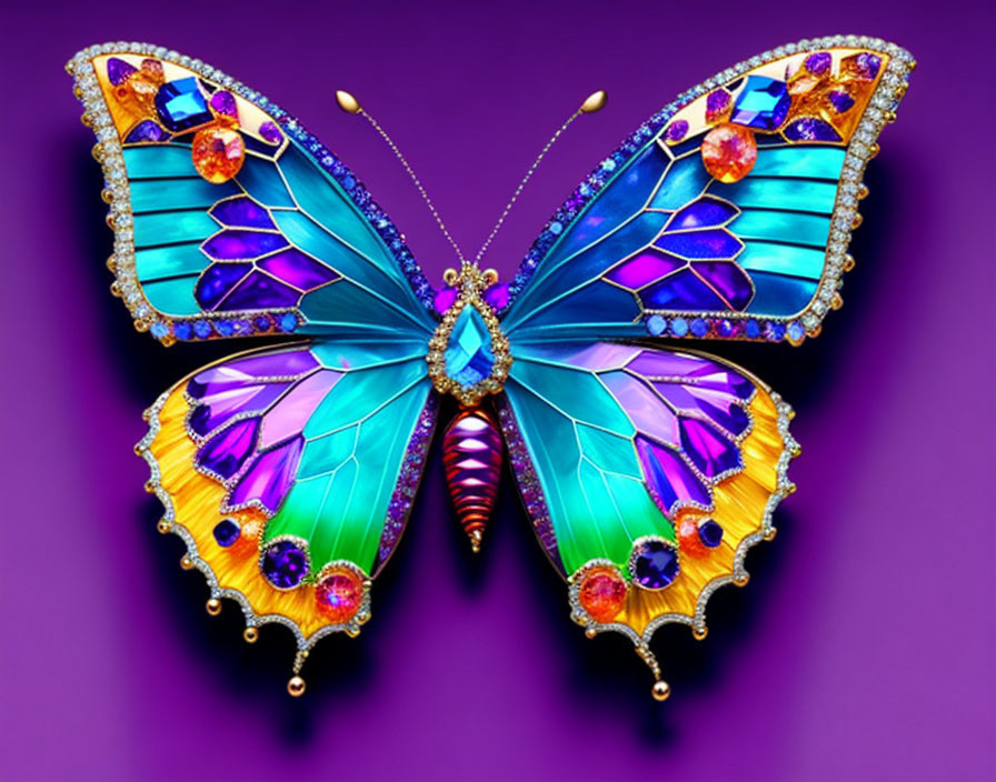 Colorful Butterfly with Gemstones and Gold Detailing on Purple Background