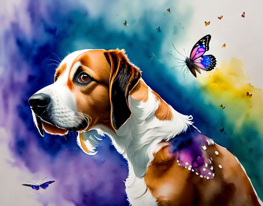 Colorful Beagle Dog with Butterflies in Vibrant Watercolor