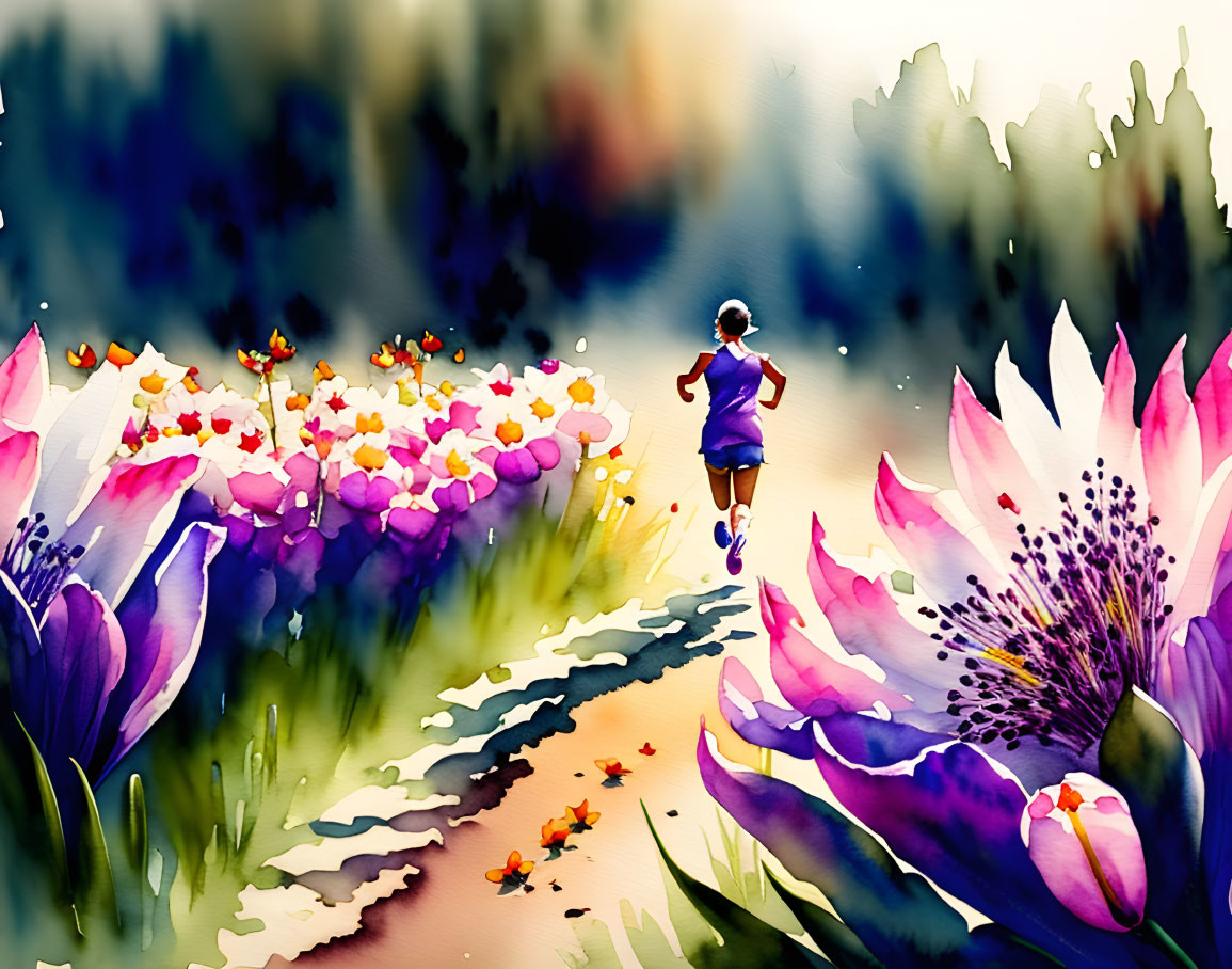 Vibrant watercolor painting of a jogging figure amidst blooming flowers.