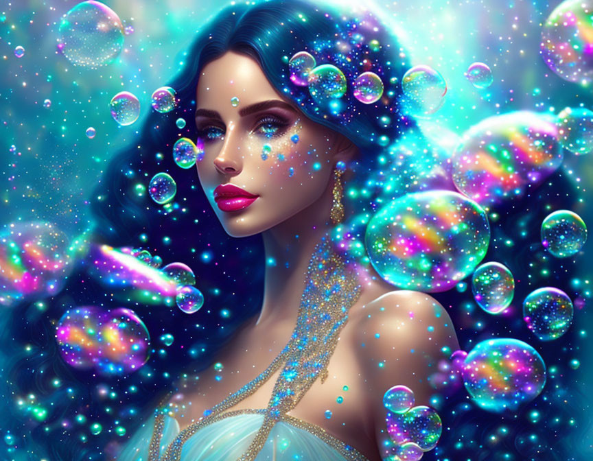 Fantastical illustration of woman with blue hair in dreamy setting