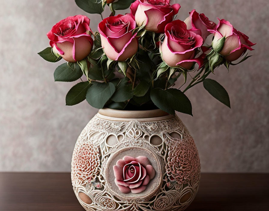 Pink Roses Bouquet in Beige Vase on Neutral Background