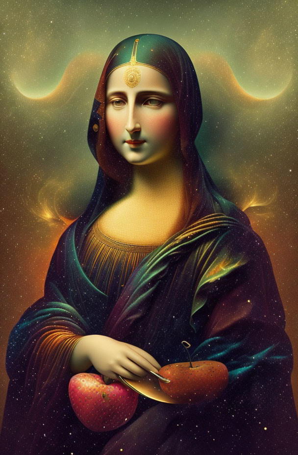 Cosmos-themed Mona Lisa with apple in mystical setting