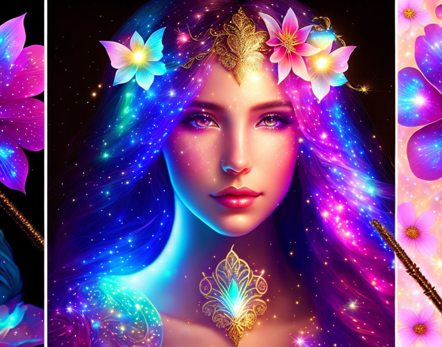 Digital art: Mystical woman with galaxy hair, adorned with flowers and gold jewelry