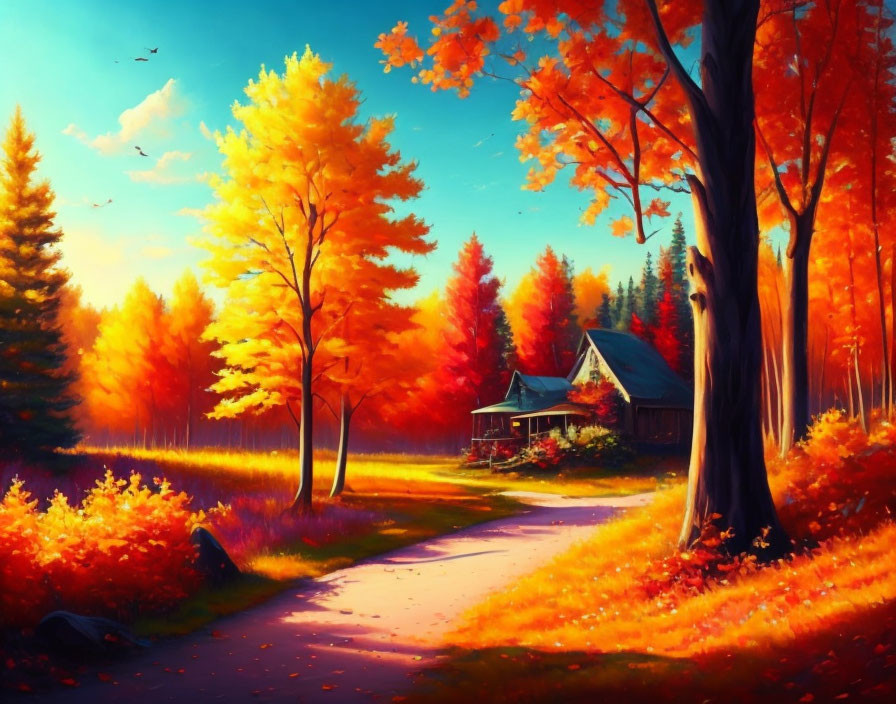 Autumn landscape: path to cozy cabin among golden-orange trees under blue sky.