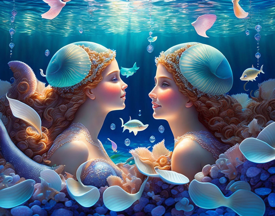 Mermaids with intricate hair and shell adornments in mystical underwater scene