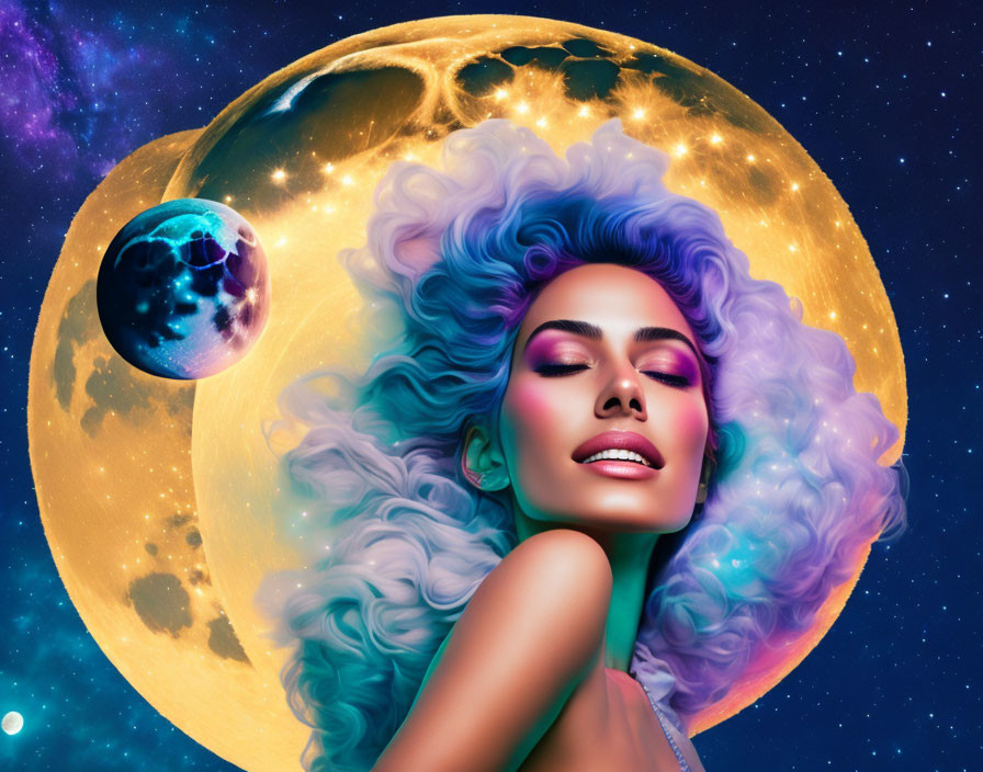 Colorful digital artwork: Woman with wavy hair in cosmic scene