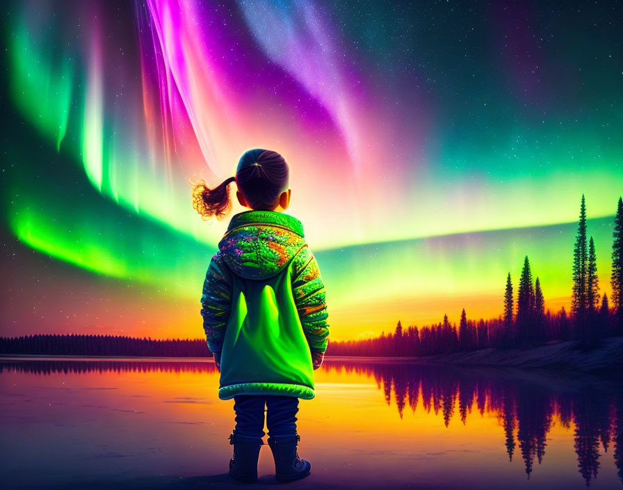 Child mesmerized by aurora borealis over serene lake at twilight