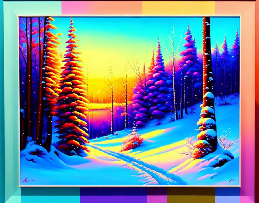 Colorful Winter Landscape Painting with Snowy Path & Pine Trees