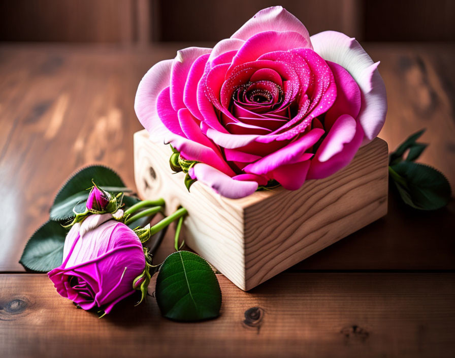 Pink Rose with Water Droplets and Bud in Wooden Box