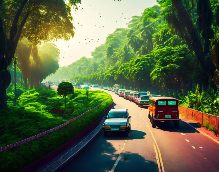 Tranquil tree-lined road with vehicles, lush greenery, blue sky, and birds.