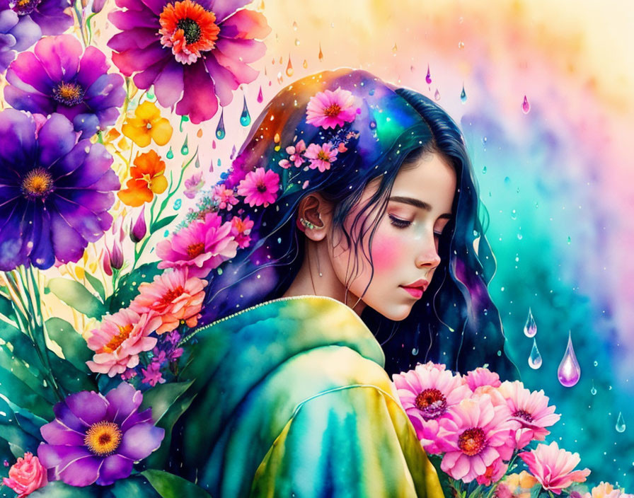 Vibrant Woman Surrounded by Colorful Flowers and Water Droplets