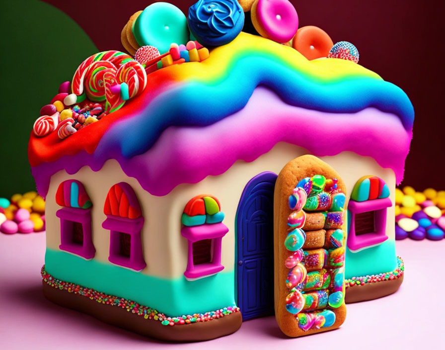 Colorful Gingerbread House with Rainbow Icing and Candy Decorations