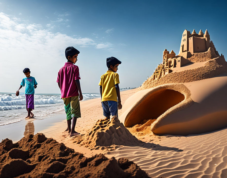 Children on sandy beach admiring large sandcastle by ocean