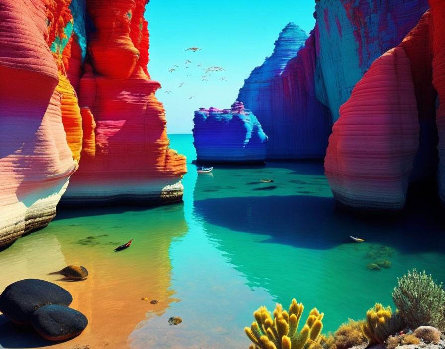 Colorful Rock Formations Along Blue Waterway with Birds and Boat