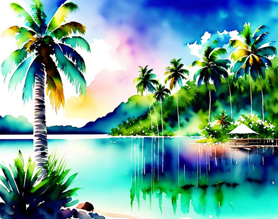 Tropical beach watercolor painting with palm tree and hut