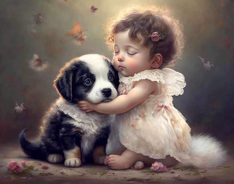 Young girl embraces black and white puppy in dreamy setting