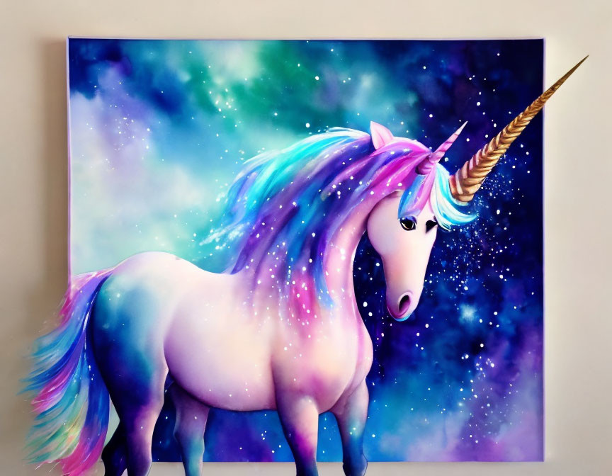 Colorful Unicorn Painting with Golden Horn and Cosmic Background