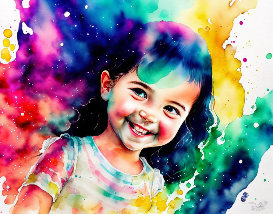 Colorful watercolor painting of smiling girl with cosmic backdrop