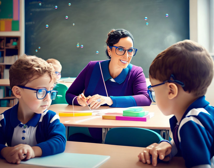 Smiling teacher with glasses interacts with students in colorful classroom