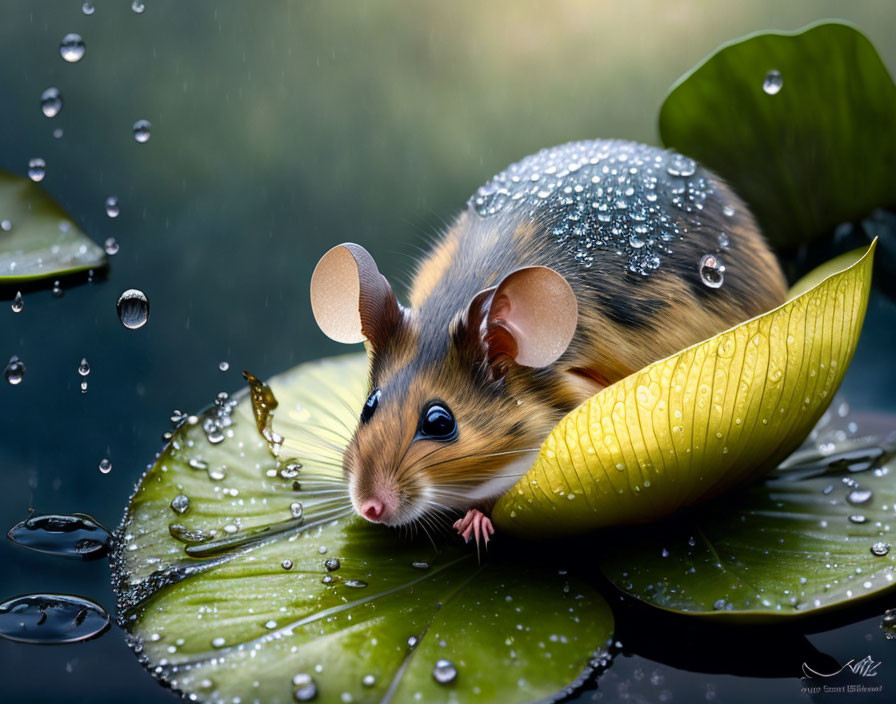 Digital art: Mouse and duckling fusion on lily pad with water droplets