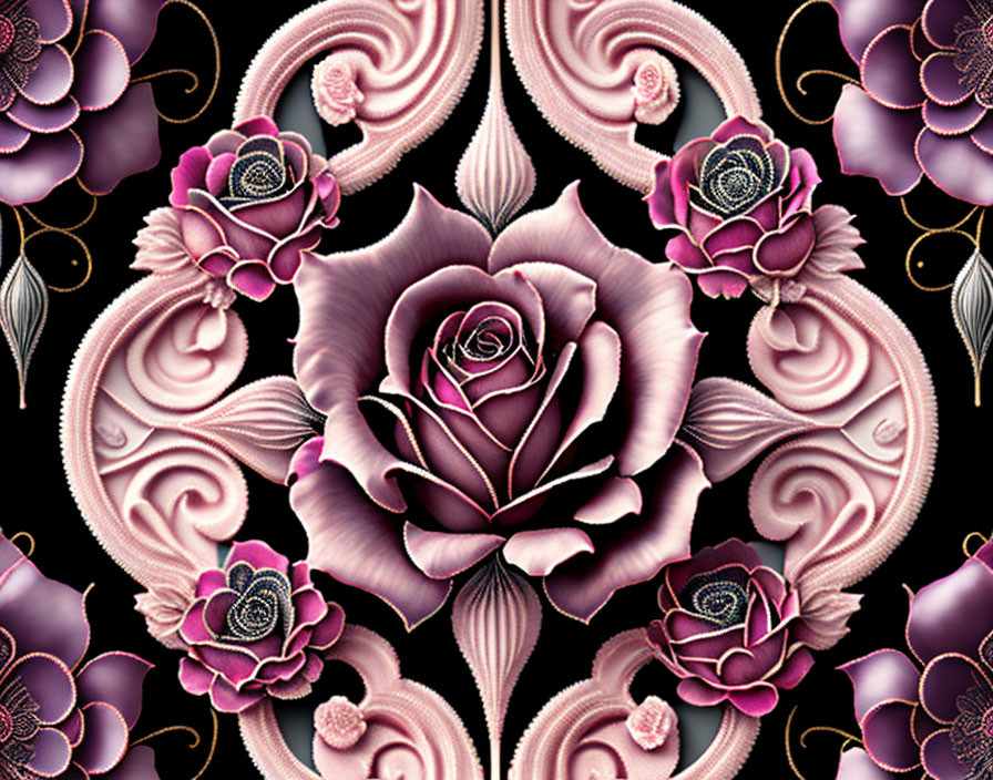 Symmetrical Pink and Purple Rose Pattern on Dark Background