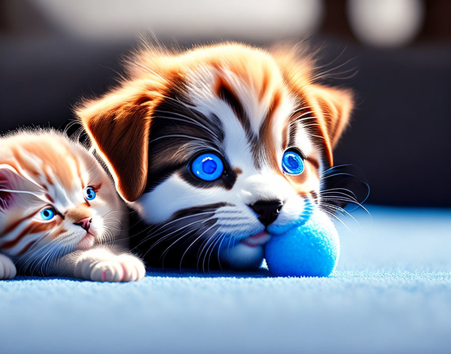 Adorable puppy and kitten with blue eyes on blue surface playing with ball