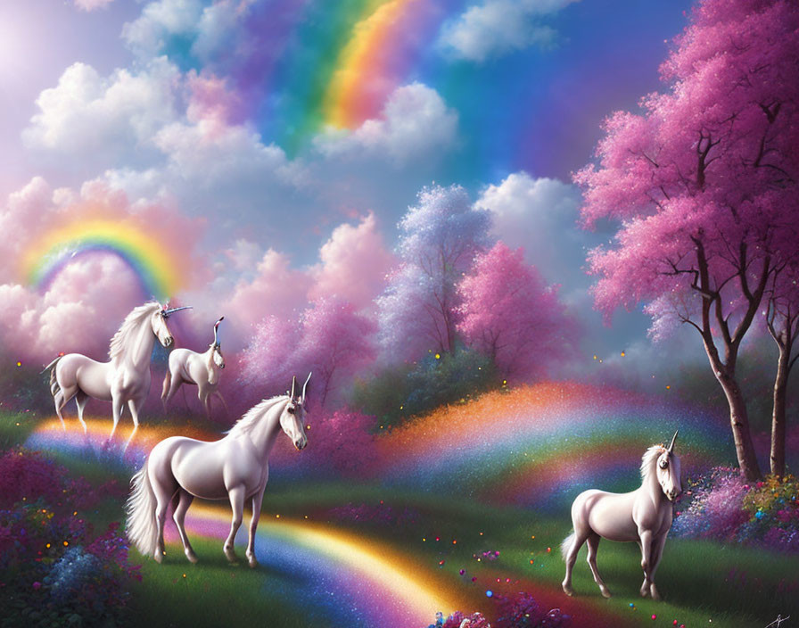 Three white unicorns in magical forest with pink trees and rainbow.