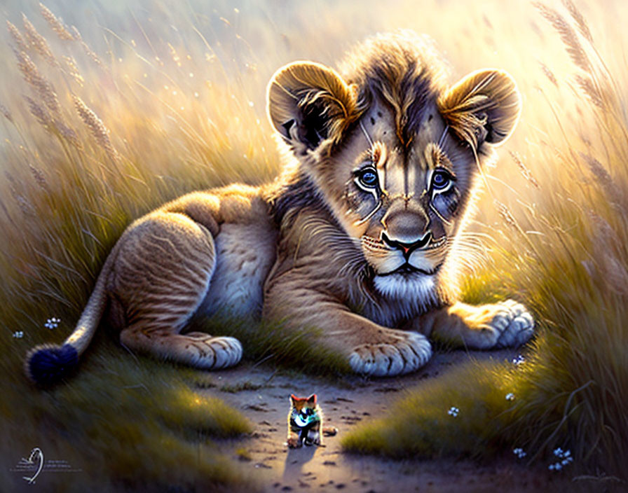 Young lion cub and brave kitten meet in grassy field