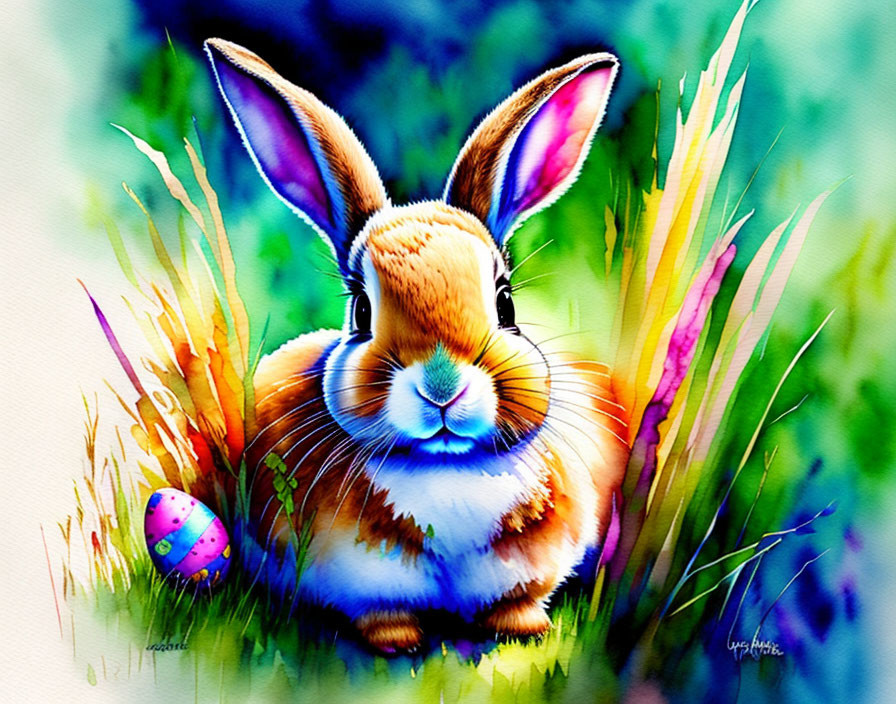 Colorful Watercolor Painting: Cute Bunny in Grass with Easter Egg