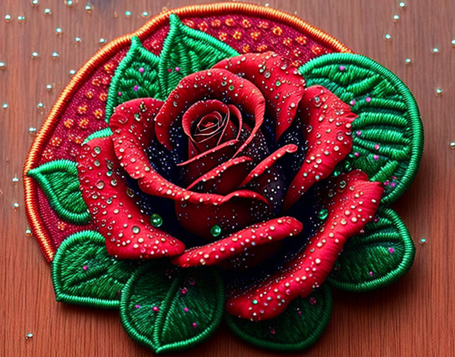 Detailed Embroidered Red Rose with Dewdrops on Wooden Surface