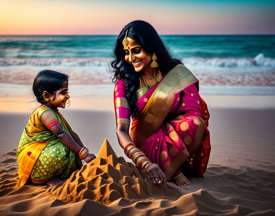 Mother and child playing on beach at sunset in traditional attire