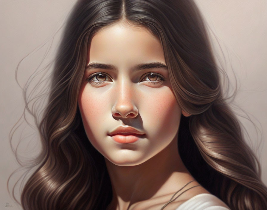 Digital painting: Young woman with long wavy brown hair and serene expression