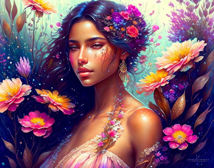 Colorful portrait of a woman with floral hair and background
