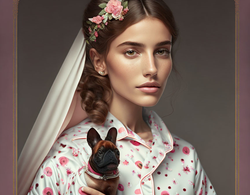 Woman with floral headpiece, braid, holding small dog, in floral robe.