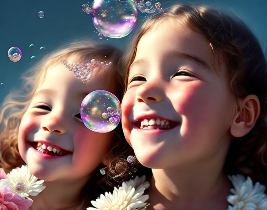 Children smiling in sunlight with bubbles and flowers