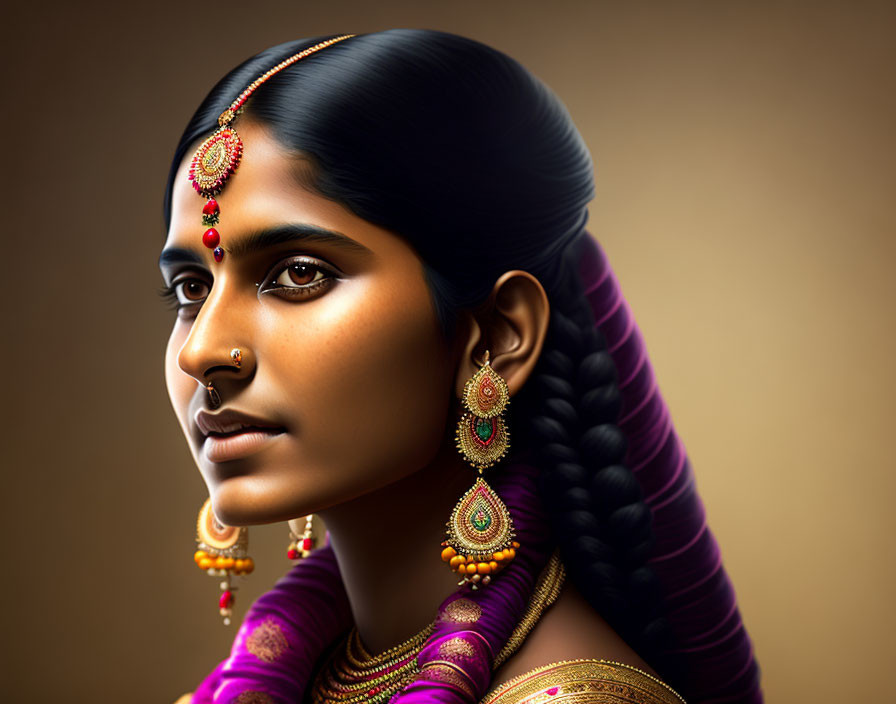 Traditional Indian jewelry on woman with maang tikka, nose ring, earrings, and necklaces