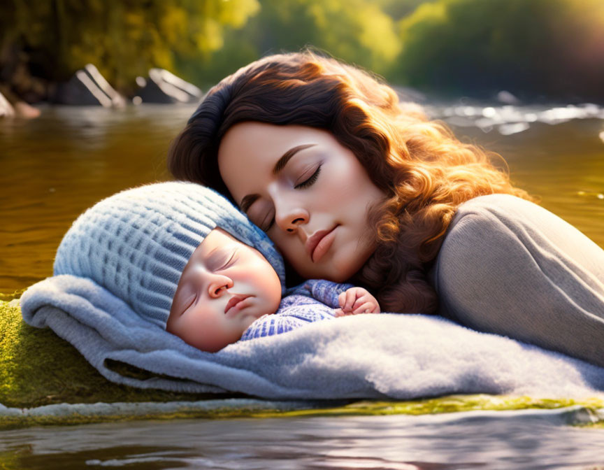 Mother and baby resting on moss-covered rock by river in soft sunlight