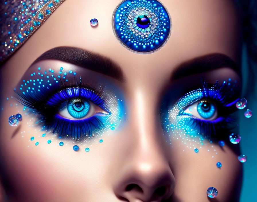 Detailed Close-Up of Vibrant Blue Artistic Eye Makeup with Rhinestones and Glitter