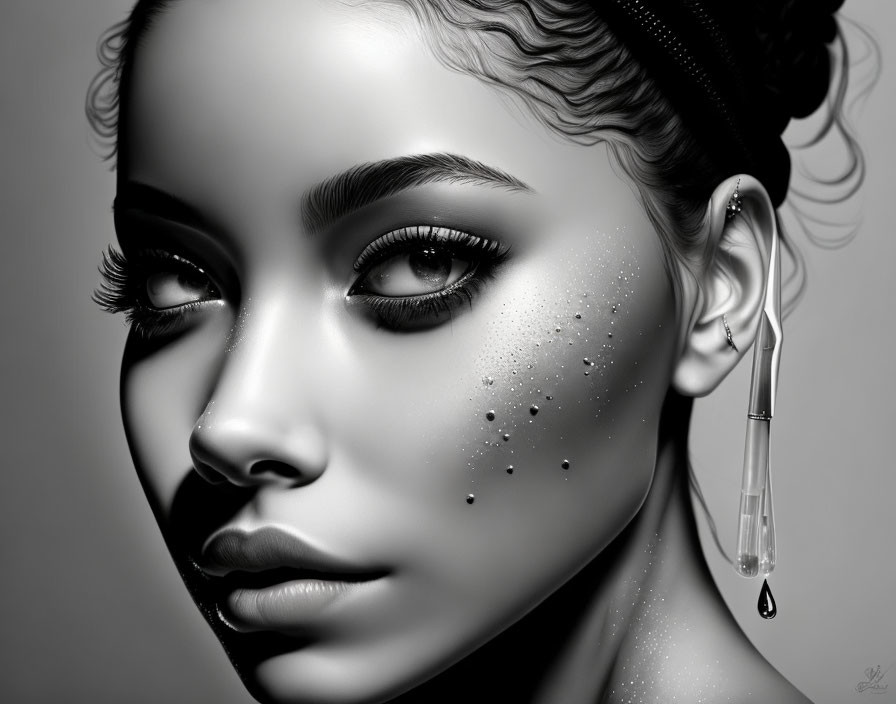 Detailed monochrome portrait of woman with makeup, freckles, and drop earring.