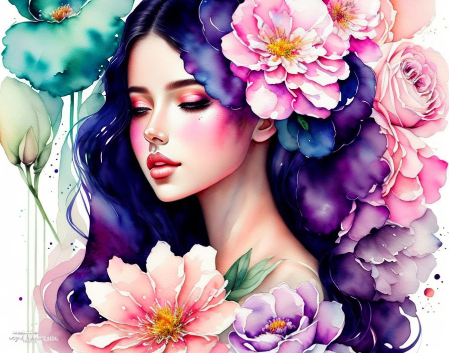 Woman with Vibrant Flowers and Watercolor Splashes: Nature and Fantasy Blend