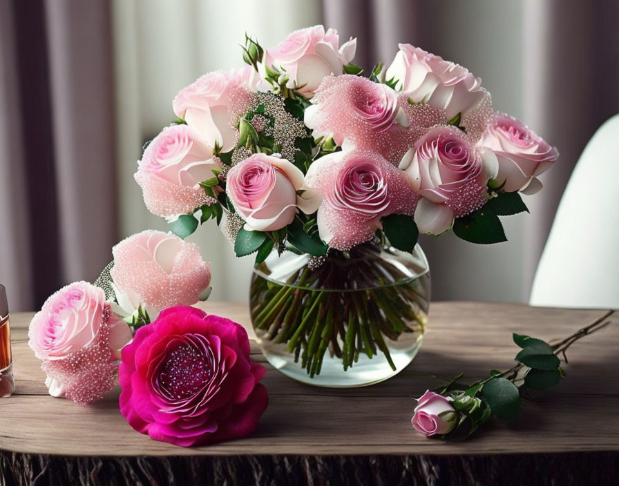 Pink Roses Bouquet with Baby's Breath in Glass Vase on Wooden Table