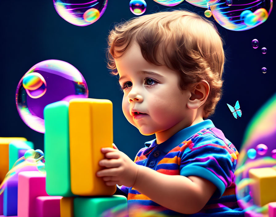 Vibrant toddler playing with blocks near bubbles and butterfly.