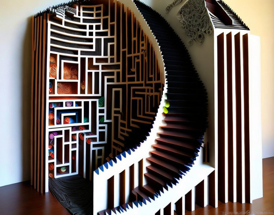 Intricate Bookshelf Staircase with Maze-Like Design