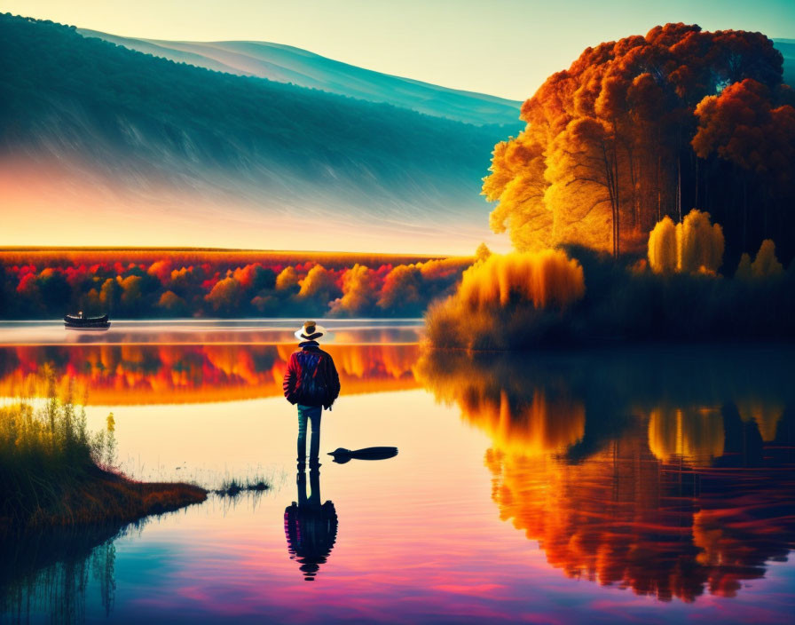 Person in hat by tranquil lake with autumn trees & misty hills