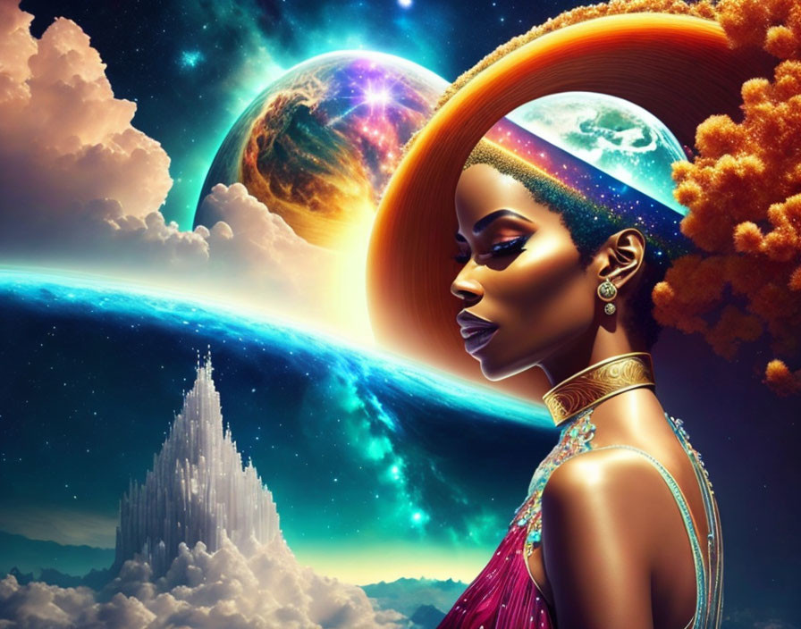 Digital portrait of woman with afrocentric headdress in cosmic scene