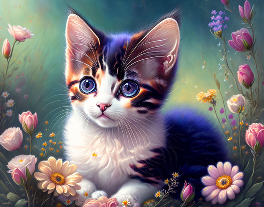 Colorful Illustration of Adorable Kitten with Blue Eyes and Floral Background