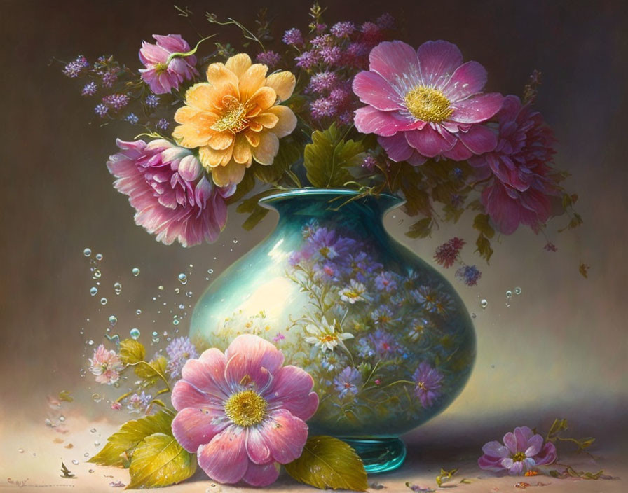 Vibrant pink and yellow flowers in turquoise vase with scattered petals and bubbles