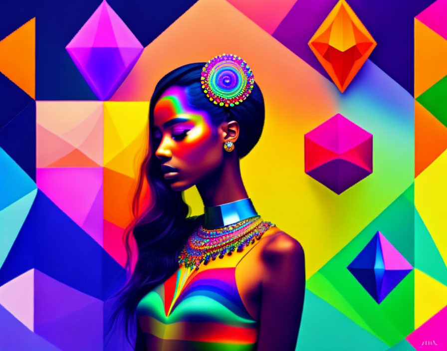 Colorful Digital Art Portrait of Woman with Geometric Shapes and Neon Background