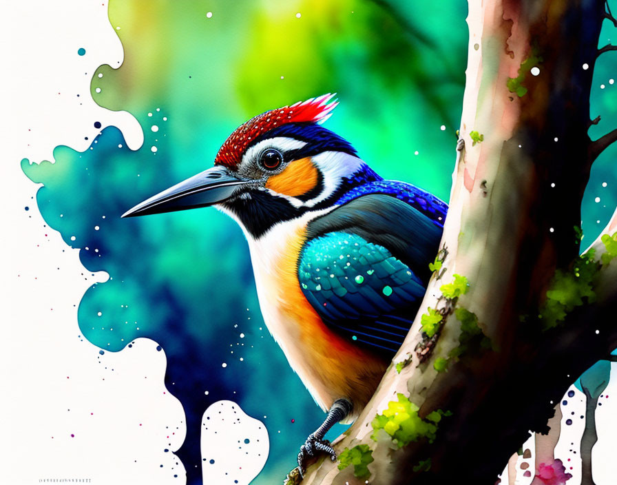 Colorful Woodpecker Illustration on Tree with Watercolor Background